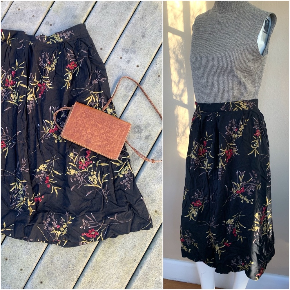 Vintage 90's Black Floral A-Line Midi Skirt